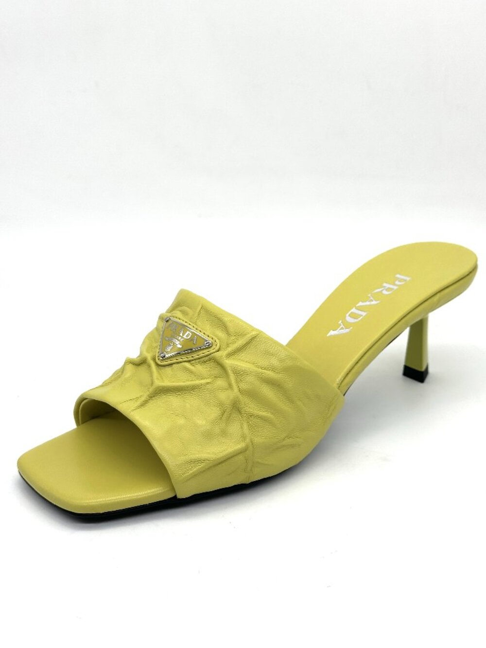 PRADA Signature Logo Antique Crinkled Leather Mules Sandals Heels Shoes